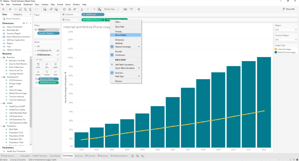 Tableau: How do I show the second axis in a dual axis chart after I ...